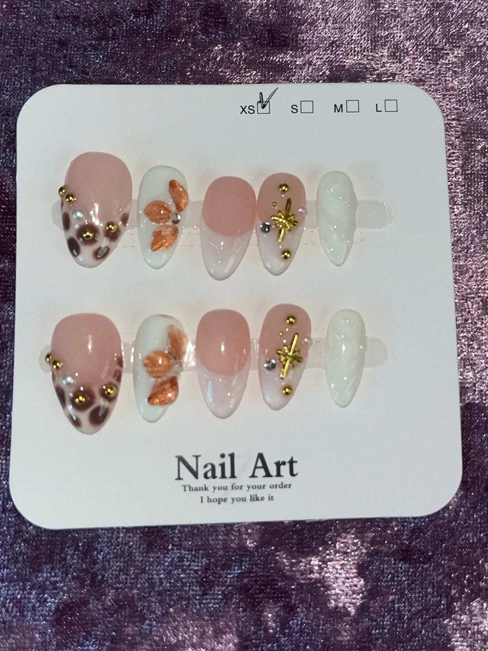 Press-On Nail Set with Pink, White & Gold Accents